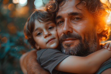 Fototapeta premium Father, bonding kiss and boy child hug happy. Happiness, laughing and family love of a dad and kid in a park enjoying nature hugging with care and a smile. Happy Fathers Day concept