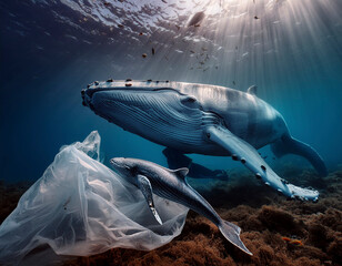 Ballena azul rodeada de bolsas de plástico por la contaminación de los humanos