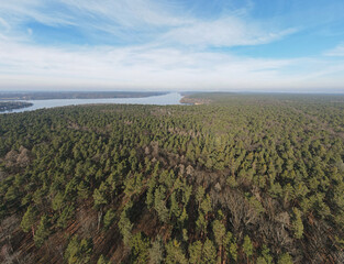 Aerial landscape of river and Grunewald forest on a sunny day in Berlin