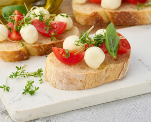 Round mozzarella, cherry tomatoes and microgreens on a piece of white bread