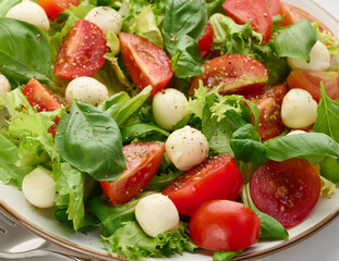 Salad with mozzarella, cherry tomatoes and green lettuce in a white round plate