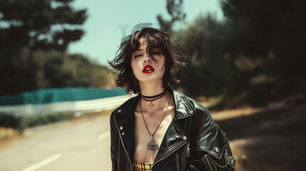 Portrait of a brunette woman, short hair, wearing open leather jacket and plaid skirt, exuding a cool, retro vibe set against a backdrop that echoes classic American road trip iconography. - obrazy, fototapety, plakaty