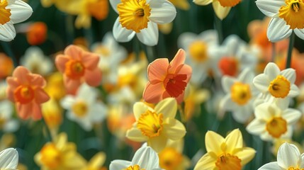 Fototapeta premium A close-up of a field of orange and white flowers, surrounded by yellow and white blooms