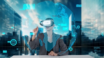 Businesswoman pointing world market data rotating analysis screen by VR future global innovation...