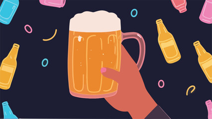 Hand Holding Beerglass. Beer-themed Background Designs - Vector Illustration Template of Beer Beverages - Fresh Collection for Your Designs. EPS 10.