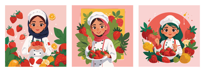 Chef Hijab Beauty Posing with Strawberry Fruits Refreshment. Vector Illustration. EPS 10.