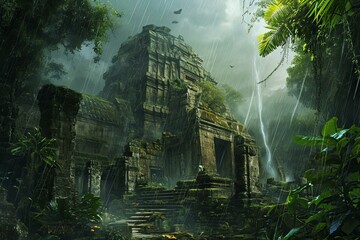 Overgrown Ancient temple ruins. Jungle stone. Generate Ai