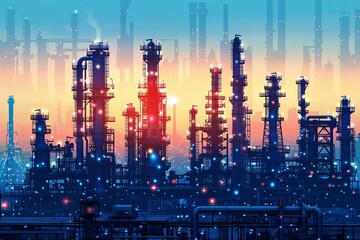 Industrial factories silhouette background Blue oil refinery complex with pipes and tanks gas production rigs with endless steel vector landscape