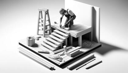 Carpentry Excellence: Construction Worker Crafting Wooden Staircase