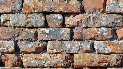 Naklejka premium A brick wall with licheny moss growing on the top and bottom