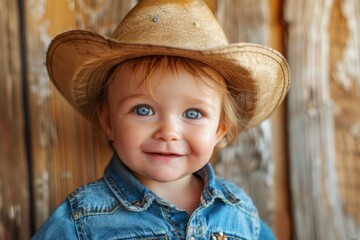 A baby boy wearing a cowboy hat poses against a rustic barn backdrop, capturing a playful western theme