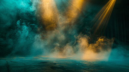 Soft golden yellow smoke curling across a stage under a bright teal spotlight, casting a warm, inviting atmosphere.