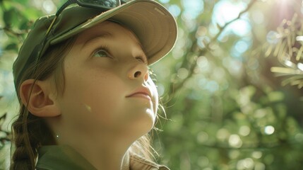 A young girl, wearing a scout uniform, looks up at the sky with a smile, surrounded by trees and grass in a natural landscape AIG50