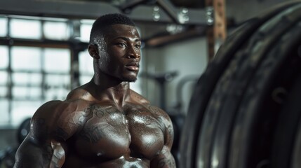 A depiction of a heavily tattooed muscular man showing dedication and intense workout routine at the gym