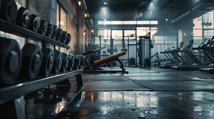The image shows a row of various-sized dumbbells lined up on a rack in a gym, ready for a workout