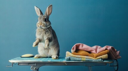   A rabbit perched atop an ironing board beside a mound of towels and a cloth draped on a table