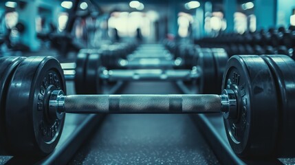 A detailed view of an array of barbells neatly arranged on a rack in a gym, focusing on the texture and precision