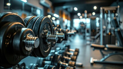 Fototapeta premium This image showcases a selection of dumbbells in sharp focus, set against a blurred backdrop of a gym environment