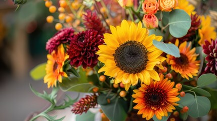 Obraz premium An exquisite bouquet featuring vibrant sunflowers and delicate chrysanthemums