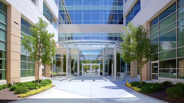 Pristine hospital entrance flanked by lush greenery, showcasing healthcare facility's modern architecture and inviting atmosphere
