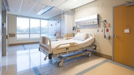 A bright, pristine hospital room featuring a neatly made bed, window view, and advanced medical equipment