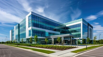 Obraz premium A contemporary and sleek medical facility showcasing its modern architectural design and advanced healthcare services with a clear sky backdrop