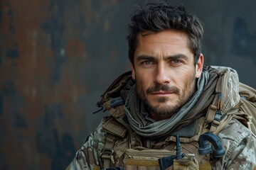Obraz premium A serious-looking male soldier stares with intense blue eyes, fully equipped in gear