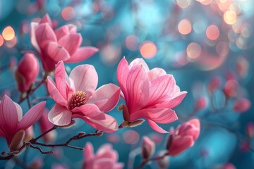 Fototapeta premium A vibrant cluster of pink magnolia flowers in full bloom set against a dreamy bokeh light background