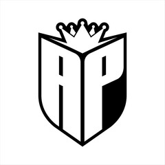 AP Letter bold monogram with shield shape and crown inside shield black and white color design