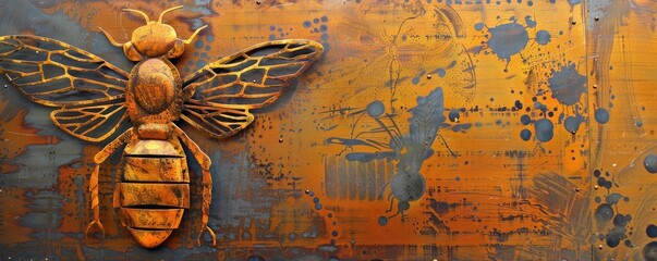 Detail of the corten wall with laser cut of iron bee , bees concept.