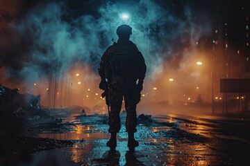 A soldier stands in contemplation against a foggy, neon-lit urban backdrop, invoking a sense of preparation and intensity amidst the urban decay