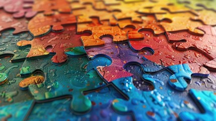 Colorful jigsaw puzzle pieces scattered on a flat surface. Autistic Pride Day