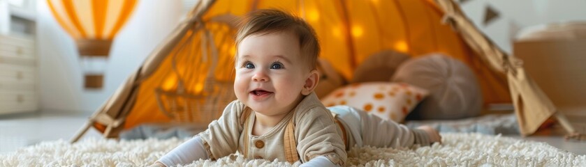 Adventurous baby enjoys a colorful nursery with a hot air balloon themed play tent