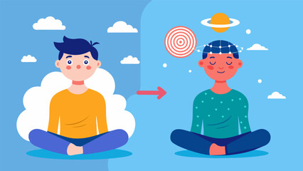 A before and after illustration of a persons mental state with the before showing a chaotic mind and the after showing a calm and serene mind after. Vector illustration