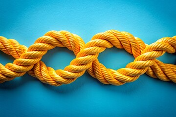 Two yellow ropes are woven together against a blue background. Symbol of unity and teamwork.