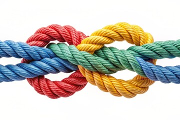 A symbol of unity, diversity and teamwork. Bright colorful ropes neatly woven together in a beautiful weave on a white background.