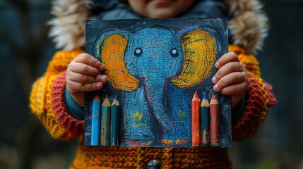   A child holds a picture of an elephant, drawing with colored pencils in front of an elephant painting