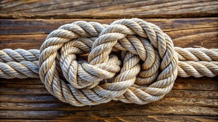Obraz premium White natural rope tied in a knot on a wooden background. Symbol of unity and teamwork