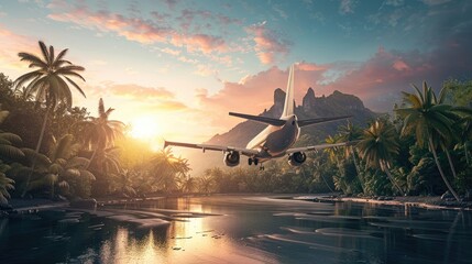 Concept of airplane travel to exotic destination