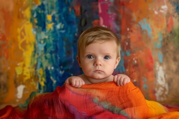Baby in a superhero cape, striking a pose, vibrant and playful nursery background
