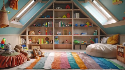 Cozy attic playroom with wooden bookshelves, plush toys