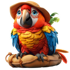 A vibrant 3D cartoon render of a colorful macaw helping a stranded sailor.