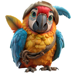 An exotic 3D cartoon render of a tropical parrot assisting a shipwrecked sailor.