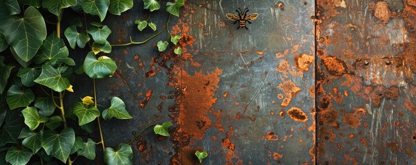 Detail of the corten wall with laser cut of iron bee , bees concept.