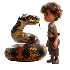 A 3D animated cartoon render of a sneaky snake approaching an unaware child.