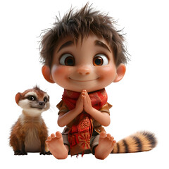 A 3D animated cartoon render of a courageous child thanking a brave mongoose.