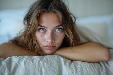 Fototapeta premium A young woman posing thoughtfully in bed, with a direct, captivating gaze at the camera