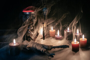 Mysterious Occult Ceremony with Pendulum and Mystic Symbols.