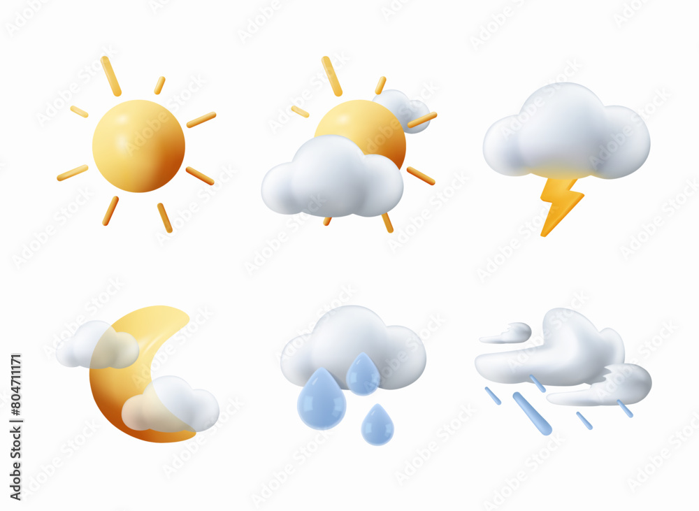 Wall mural different weather icons 3d. vector dark clouds with snow, rain, lightning and sun. thunderstorm clou