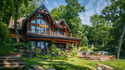 Obraz premium A majestic lakefront house with impressive wooden architecture and lush green landscape complementing the serene lake